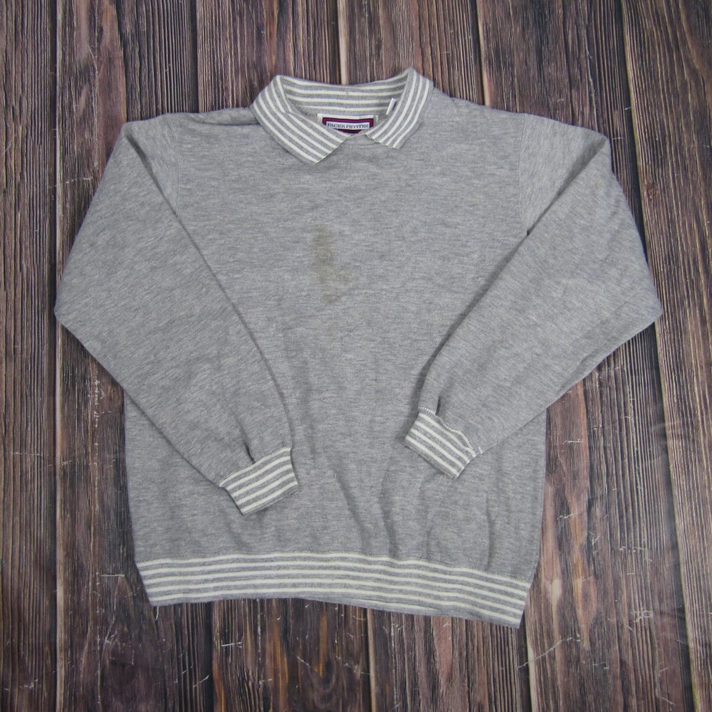 Vintage Pacer Petites Sweater Womens Medium Gray Striped Collar 80s Pullover ROC